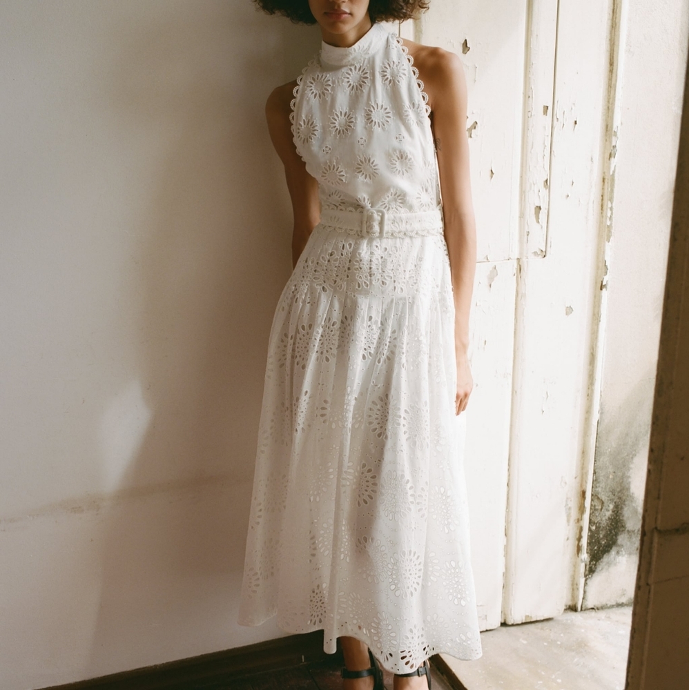 Zara White / Oyster High Neck Openwork Embroidery Midi Dress Size XL